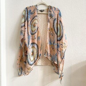 UMGEE Kimono Women's M/L Feathers Print Open Front Lightweight Short Sleeves Top